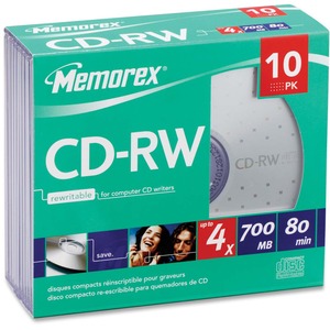 CD-RW Discs, 700MB/80min, 4x, w/Slim Jewel Cases, Silver, 10/Pack  MPN:3408