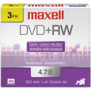 DVD+RW Discs, 4.7GB, 4x, w/Jewel Cases, Silver, 3/Pack  MPN:634043