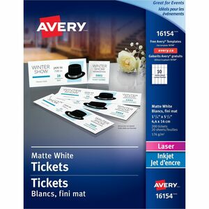 Avery Tickets With Tear-Away Stubs 16154, Matte White, 1-3/4" x 5-1/2", Pack of 200
