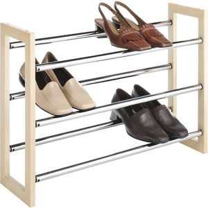 Whitmor+3+Tier+Expandable+Shoe+Rack+-Stackable+-+Natural+Wood+and+Chrome