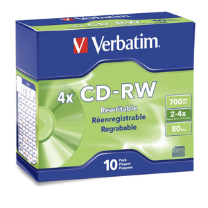 CD-RW Discs, 700MB/80min, 2x-4x, Slim Jewel Cases, Matte Silver, 10/Pack  MPN:95170
