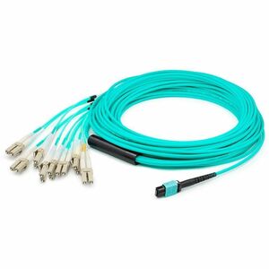 AddOn 30m MPO/UPC to 4xLC/UPC Duplex Aqua OM4 LSZH 8-Strand Fiber Fanout Cable MMF Multi Mode 50/125 ADDMPO4LC30M5OM4LZ