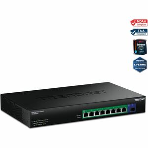 TRENDnet 9-Port 2.5G GaN Power PoE++ Switch with 10G SFP+ Port 480W TPE-BG5091 8 x 2.5G PoE++ Ports 1 x 10G SFP+ Port 480W 60Gbps NDAA TAA Compliant for Government use Lifetime Protection