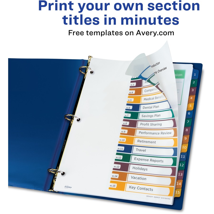 Avery® 15 Tab Dividers, Customizable TOC, Multicolor, 1 Set (11820