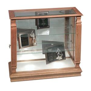 Balt Small Wood Display Case - 35.5" x 15.5" x 32.5" - Wood - 2 x Shelf(ves) - Illuminated, Mirrored Back, Security Lock - Glass Door - Oak