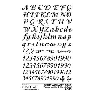 Chartpak Letters and Numbers Rub-On Art Transfers - 2 Capital Letter, 2 Lowercase Letters, 2 Symbols, Numbers - Vellum - Gold