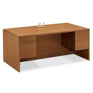 HON 10600 Series Double Pedestal Desk - 60" Width x 30" Depth x 29.5" Height - 4 Drawer - Double - Radius Edge - Particleboard - Medium Oak Top, Medium Oak Frame