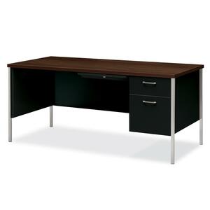HON 34000 Series Right Pedestal Desk - 66" Width x 30" Depth x 29.5" Height - Single Pedestal on Right Side - Square Edge - Steel - Walnut Top, Black Frame
