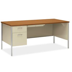 HON 34000 Series Left Pedestal Desk - 66" Width x 30" Depth x 29.5" Height - Single Pedestal on Left Side - Square Edge - Steel - Medium Oak Top, Putty Frame