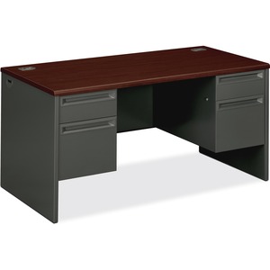 HON 38000 Series Double Pedestal Desk - 60" Width x 30" Depth x 29.5" Height - 4 Drawer - Double - Radius Edge - Wood, Steel - Mahogany Top, Charcoal Frame