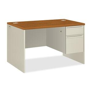 HON 38000 Series Right Pedestal Desk - 48" Width x 30" Depth x 29.5" Height - 2 Drawer - Single Pedestal on Right Side - Radius Edge - Wood, Steel - Medium Oak Top, Putty Frame