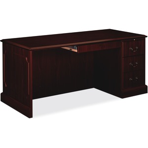 HON 94000 Series Right Single Pedestal Desk - 66" Width x 30" Depth x 29.5" Height - 2 Drawer - Single Pedestal on Right Side - Molded Edge - Wood, Particleboard - Mahogany