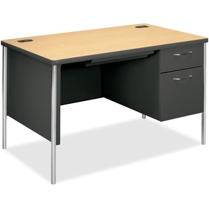 HON Mentor Single Pedestal Desk - Rectangle - 29.5" x 48" x 30" - Metal - White Leg, Maple