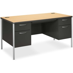 HON Mentor Double Pedestal Desk - Rectangle - Drawer - 30" x 60" x 29.5" - Steel - Natural Maple, Charcoal