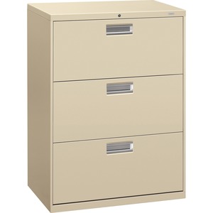 HON 600 Series Standard Lateral File With Lock - 30" x 19.25" x 41" - Steel - 3 x File Drawer(s) - Legal, Letter - Interlocking, Leveling Glide - Putty