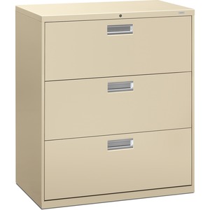 HON 600 Series Standard Lateral File With Lock - 36" x 19.25" x 41" - Steel - 3 x File Drawer(s) - Legal, Letter - Interlocking, Leveling Glide - Putty