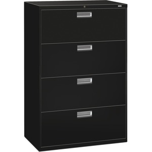 HON 600 Series Standard Lateral File With Lock - 36" x 19.25" x 53" - Steel - 4 x File Drawer(s) - Legal, Letter - Interlocking, Leveling Glide - Black