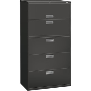 HON 600 Series Standard Lateral Files With Lock - 36" x 19.25" x 67" - Steel - 2 x Shelf(ves) - 5 x File Drawer(s) - Legal, Letter - Interlocking, Leveling Glide - Charcoal
