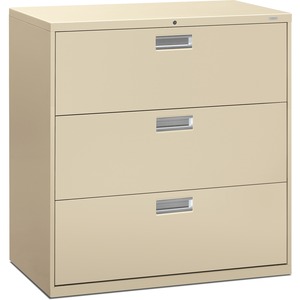 HON 600 Series Standard Lateral File With Lock - 42" x 19.25" x 41" - Steel - 3 x File Drawer(s) - Legal, Letter - Interlocking, Leveling Glide - Putty