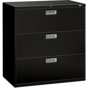 HON 600 Series Standard Lateral File With Lock - 42" x 19.25" x 41" - Steel - 3 x File Drawer(s) - Legal, Letter - Interlocking, Leveling Glide - Black