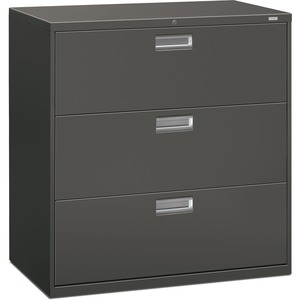 HON 600 Series Standard Lateral File With Lock - 42" x 19.25" x 41" - Steel - 3 x File Drawer(s) - Legal, Letter - Interlocking, Leveling Glide - Charcoal