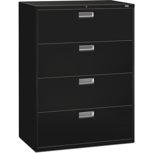 HON 600 Series Standard Lateral File With Lock - 42" x 19.25" x 53" - Steel - 4 x File Drawer(s) - Legal, Letter - Interlocking, Leveling Glide - Black