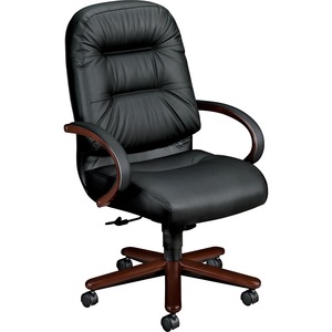 HON Pillow-Soft 2191 Executive High-Back Swivel Chair - Mahogany Frame26" x 30" x 46.5" - Leather Black Seat