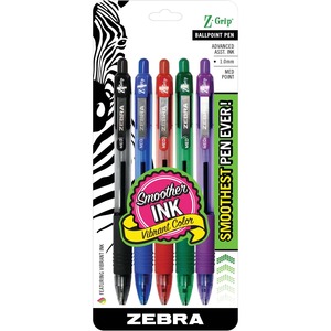 Zebra Pen Z-Grip Retractable Ballpoint Pen - Pen Point Size: 1mm - Ink Color: Black, Green, Red, Purple, Cyan - Barrel Color: Assorted - 1 Set