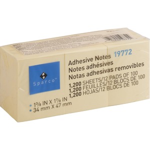 Sparco Adhesive Note - Repositionable - 1.5" x 2" - Yellow - 12 / Pack