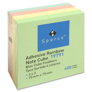 Sparco Adhesive Cube Note Pad - Solvent-free Adhesive - 3" x 3" - Assorted - 1 Each