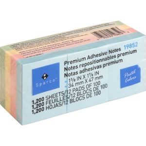 Sparco Premium Pastel Adhesive Sticky Notes Pad - Repositionable, Solvent-free adhesive, Removable - 1.5" x 2" - Pastel Assorted - 12 / Pack