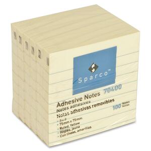Sparco Adhesive Ruled Note Pad - Solvent-free adhesive, Self-adhesive - 3" x 3" - Yellow - 6 / Pack