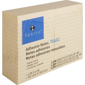Sparco Adhesive Note Pad - Solvent-free adhesive, Self-adhesive - 4" x 6" - Yellow - 12 / Pack