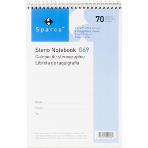 Sparco Green Gregg Ruled Steno Notebook - 70 Sheet(s) - Ruled - 6" x 9" - 1 Each - Green
