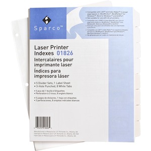 Sparco Laser Printer Indexing System Dividers - 8 x Tab Blank - 8.5" x 11" - 5 / Pack - White Tab