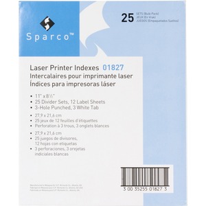 Sparco Laser Printer Indexing System Divider - 3 x Tab Blank - 8.5" x 11" - 25 / Box - White Tab