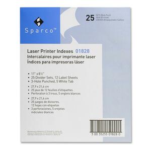 Sparco Laser Printer Indexing System Divider - 5 x Tab Blank - 8.5" x 11" - 25 / Box - White Tab