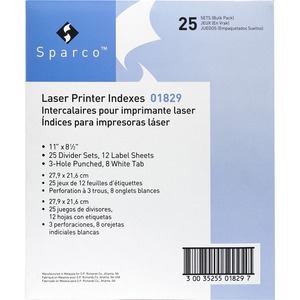 Sparco Laser Printer Indexing System Divider - 8 x Tab Blank - 8.5" x 11" - 25 / Box - White Tab