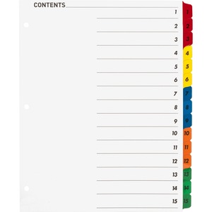 Sparco Quick Index Dividers With Table Of Contents Page - 15 x Tab Blank - 1 Set - White Divider - Multicolor Tab