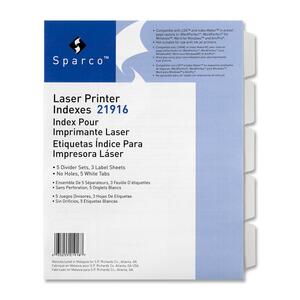 Sparco Laser Printer Indexing System Dividers - 5 x Tab Blank - 5 Tab(s)/Set - 5 / Pack - White Divider - White Tab