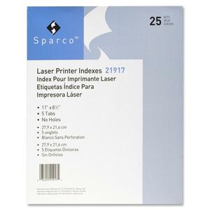 Sparco Laser Printer Indexing System Dividers - 5 x Tab Blank - 5 Tab(s)/Set - 25 / Box - White Tab