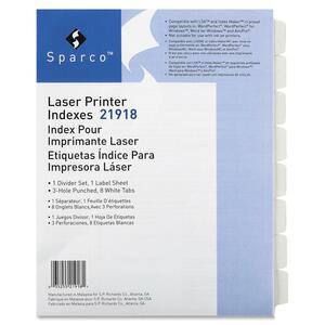 Sparco Laser Printer Indexing System Dividers - 8 x Tab Blank - 8 Tab(s)/Set - 8 / Set - White Tab