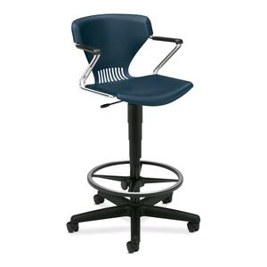 HON Pneumatic Height Stool With Arms - Steel Frame26.5" x 26.5" x 46" - Polymer Navy Blue Seat