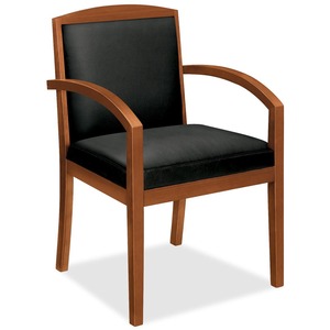 Basyx VL853 Wood Guest Chair With Upholstered Back - Hardwood Bourbon Cherry Frame - 23.37" x 23.75" x 36.37" - Leatherette Black Seat