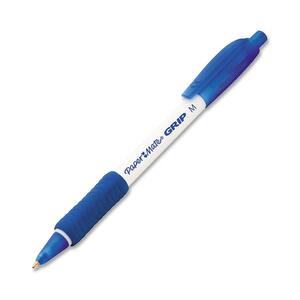 Paper Mate Grip Retractable Pen - Blue Ink - Clear Barrel - 12 / Dozen