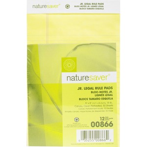 Nature Saver Recycled Legal Ruled Pad - 50 Sheet(s) - 15lb - Legal Ruled - Jr.Legal 5" x 8" - 1 Dozen - Canary