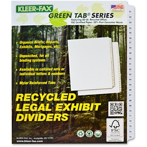 Kleer-Fax Legal 90000 Series Printed 51 - 75 Exhibit Index Divider - 25 x Tab Printed 51 - 75 - 25 Tab(s)/Set - 8.5" x 11" - White Divider - White Tab