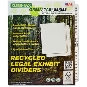 Kleer-Fax Legal 80000 Series Printed 76 - 100 Exhibit Index Divider - 25 x Tab Printed 76 - 100 - 26 Tab(s)/Set - 8.5" x 11" - White Divider - White Tab