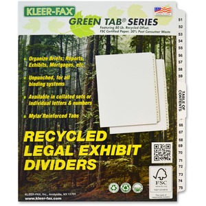 Kleer-Fax Legal 80000 Series Printed 51 - 75 Exhibit Index Divider - 25 x Tab Printed 51 - 75 - 26 Tab(s)/Set - 8.5" x 11" - White Divider - White Tab