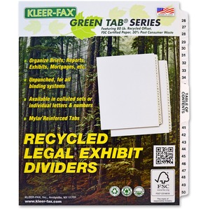 Kleer-Fax Legal 80000 Series Printed 26 - 50 Exhibit Index Divider - 25 x Tab Printed 26 - 50 - 26 Tab(s)/Set - 8.5" x 11" - White Divider - White Tab
